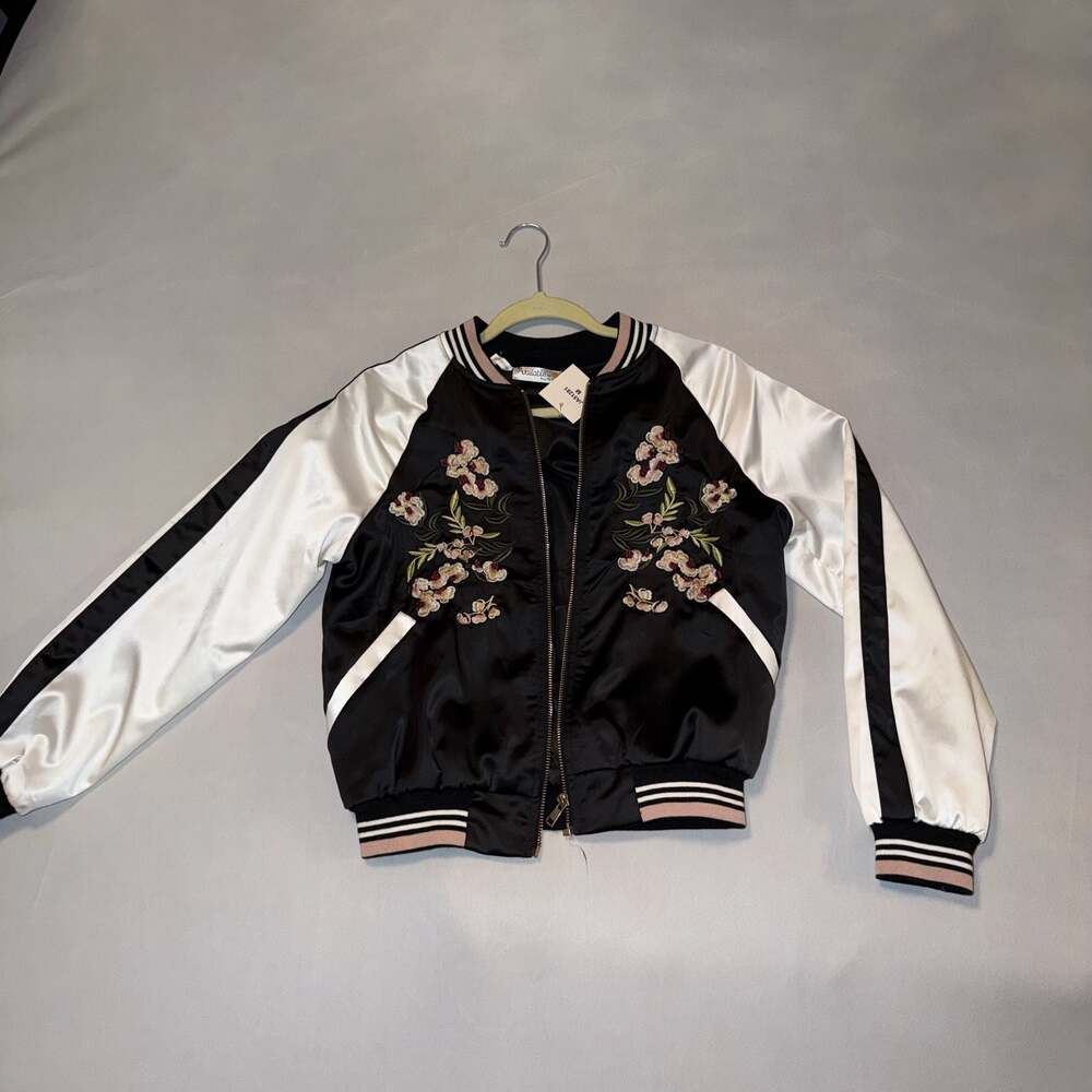 Angela F. Floral Embroidered Satin Bomber Jacket